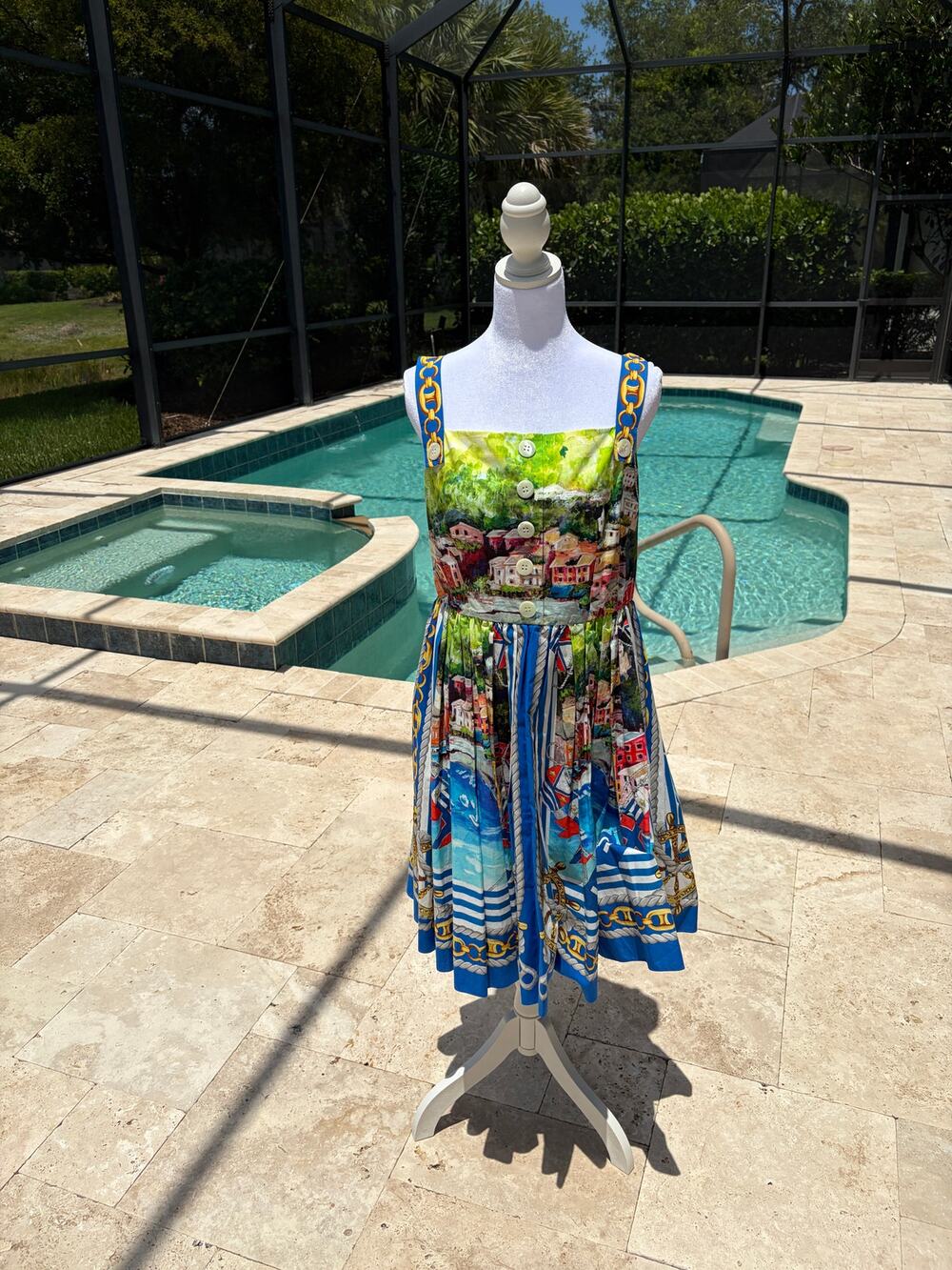Dolce & Gabbana Portofino Postcard Print Chain Strap Pleated Midi Dress 12